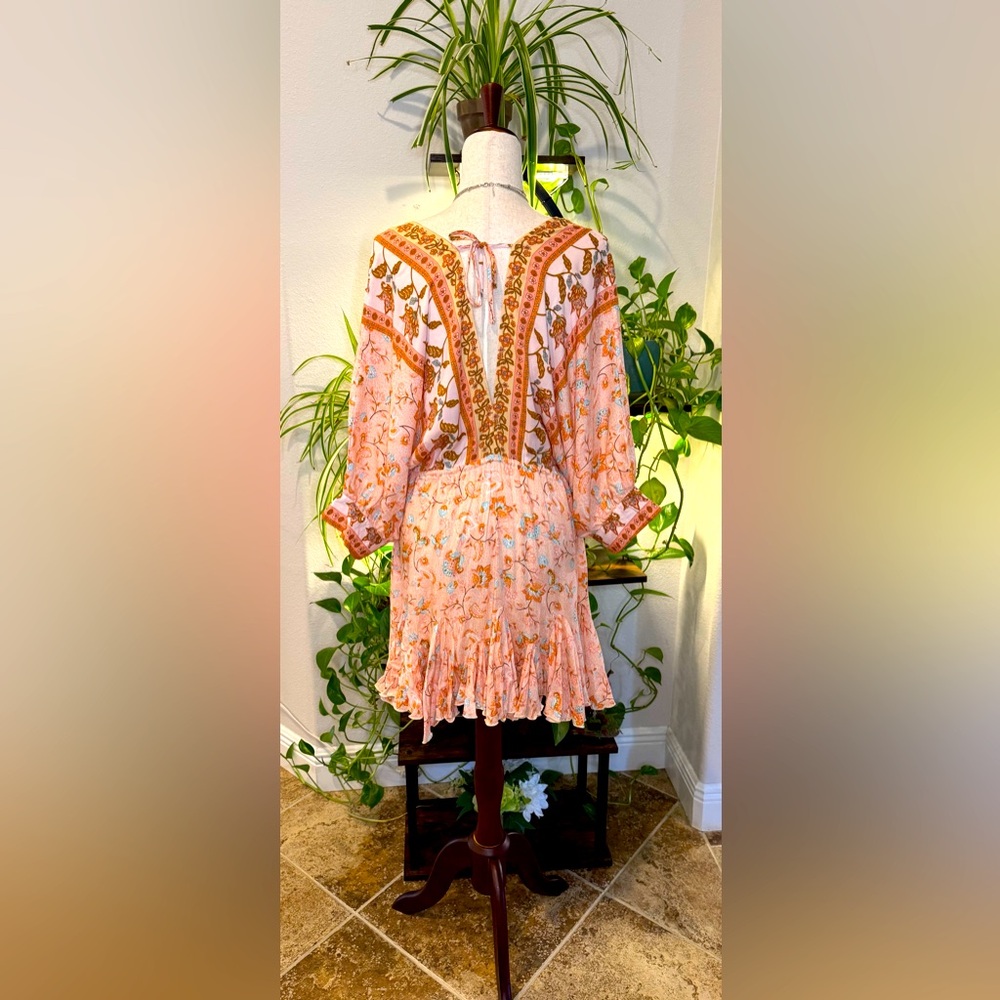 NWOT Aakaa Anthro Women’s Peach Floral Print Ruffled Kimono 3/4 Sleeve Dress L - Picture 2 of 9